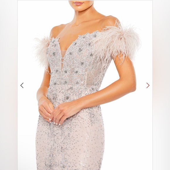 Off shoulder Trumpet gown embellished with beads & ostrich feathers - Picture 3 of 3